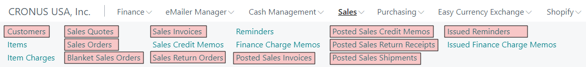 Business Central Sales Menu