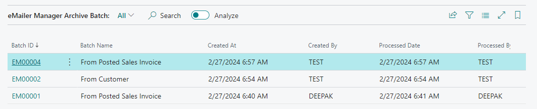 eMailer Manager Archive Batch screen