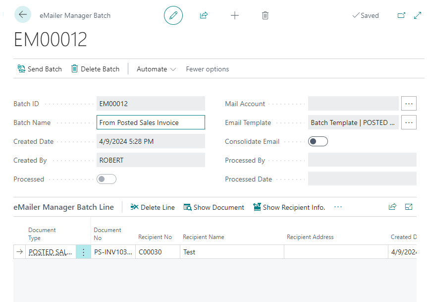 Send Email Batch Screen