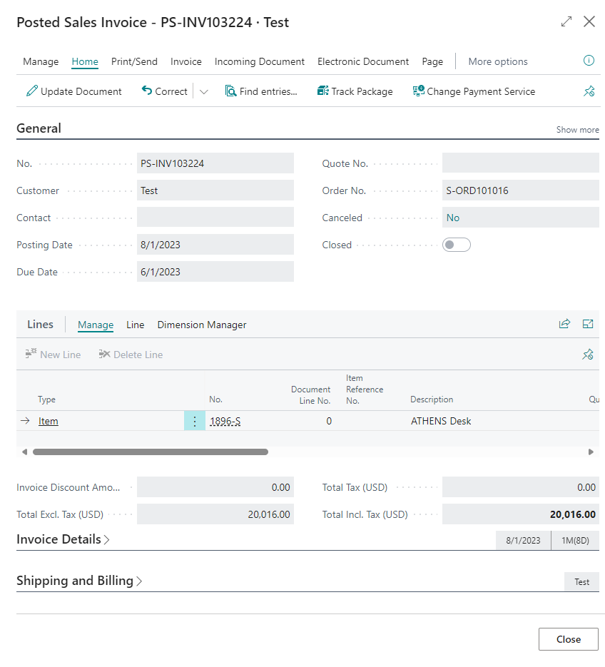 Posted Sales Invoice screen