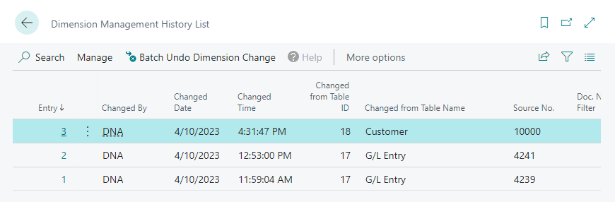 Dimension Manager History List