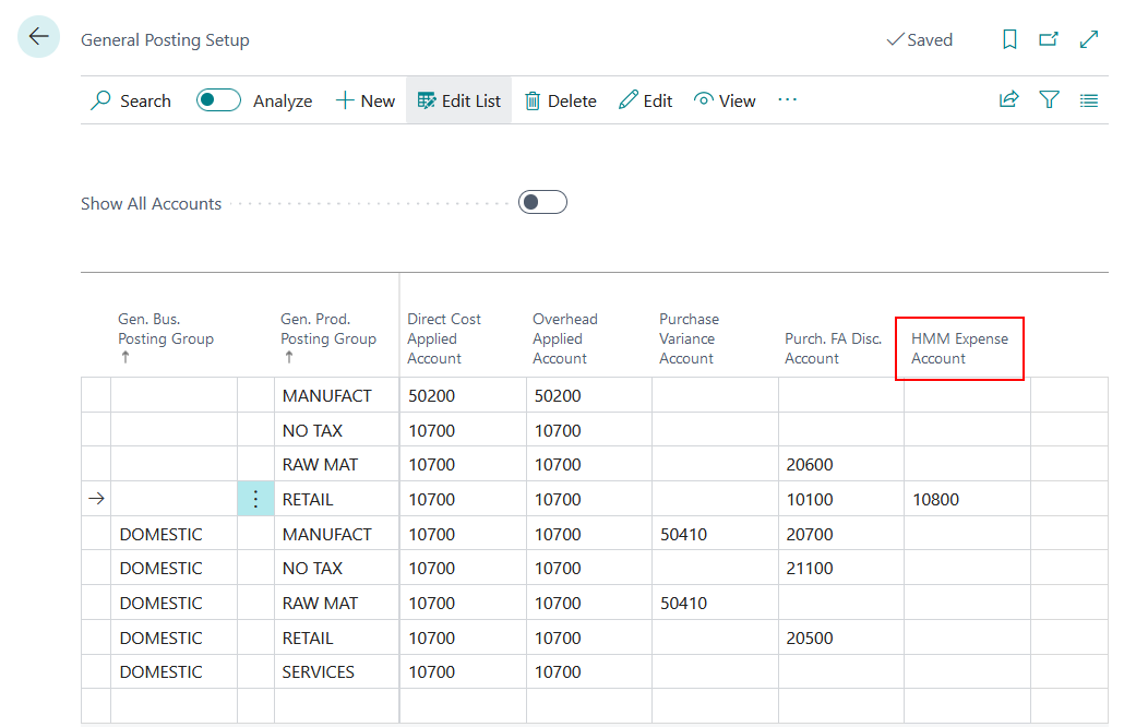 Screen capture of the General Posting Setup page with the HMM Expense Account field highlighted.