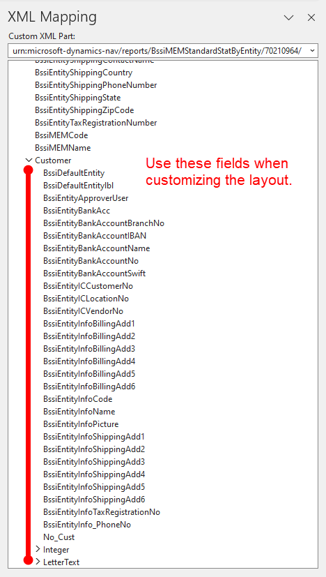 Screenshot of the Word layout, displaying the XML mapping pane and highlighting the fields under the Customer heading. Text on the image says: Use these fields when customizing the layout. 