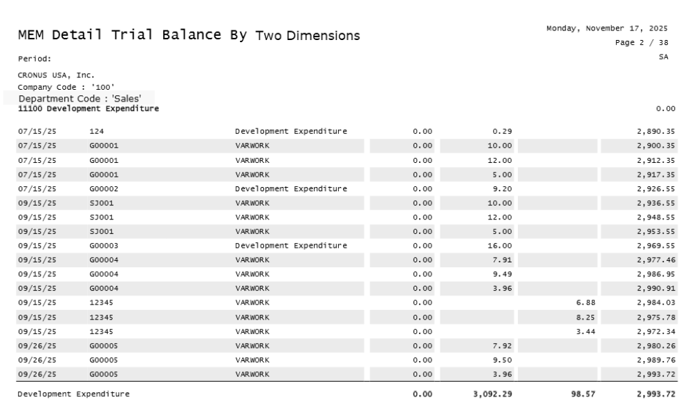 Detail Trial Balance by Two Dimensions