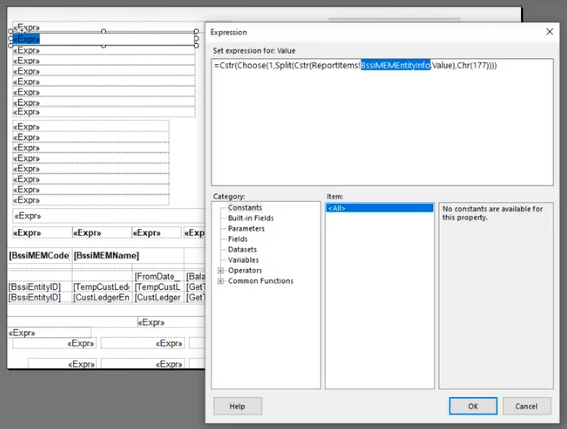 Image showing expression editor in Microsoft Report Builder with BssiMEMEntityInfo text highlighted within the entire expression. 