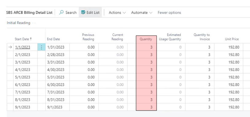 Billing Schedule Details List, Quantity