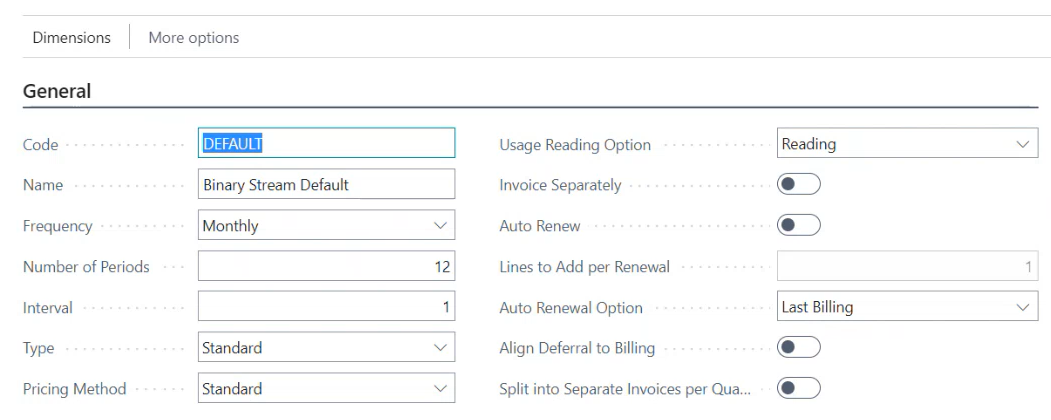 Billing Schedule Group, Dimensions