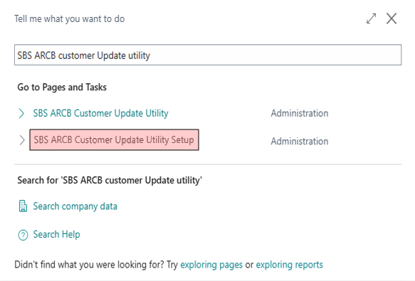 Business Central Menu, Customer Update Utility Setup Business Central Menu, Customer Update Utility Setup
