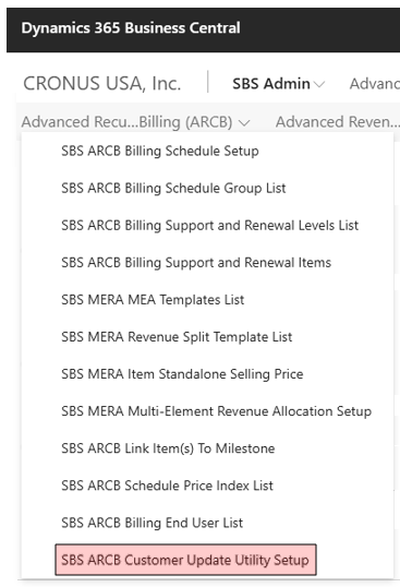 Menu, Customer Update Utility Setup Menu, Customer Update Utility Setup