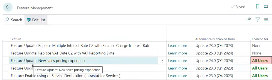 Feature Management screen