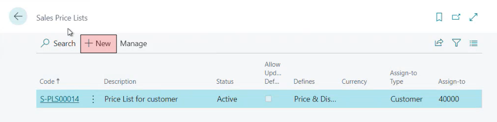 Sales Price List Screen