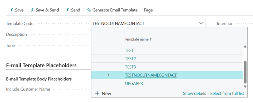 Template Code drop-down menu