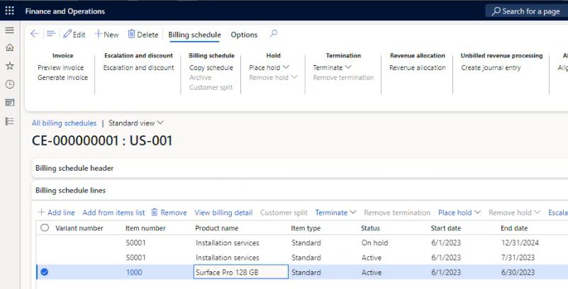 F&O: New Billing Schedule Line