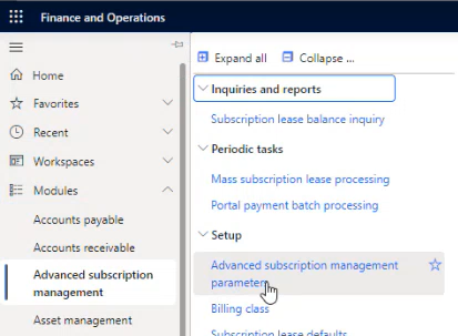 D365 Menu: Advanced Subscription Management Parameters